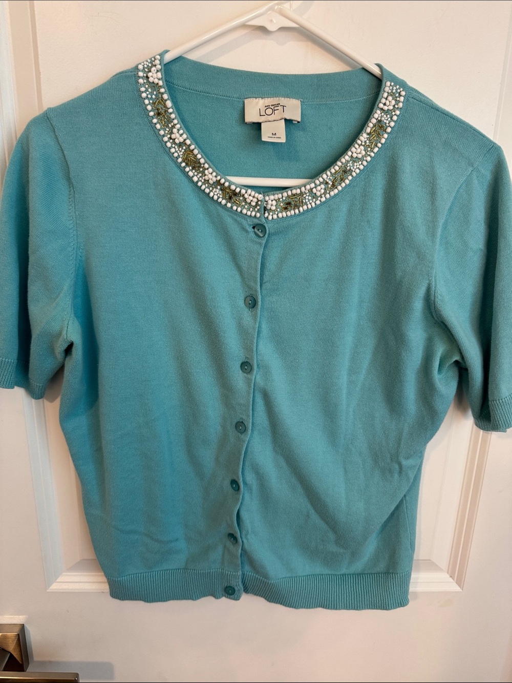 LOFT Beaded Collar Short-Sleeve Cardigan in Teal